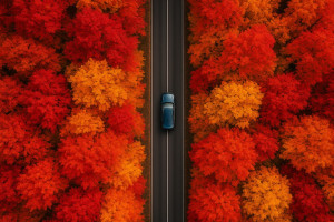 Samochód jadący przez jesienny las w odcieniach czerwieni i złota