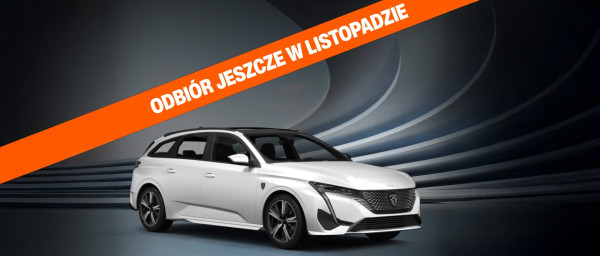 Biały samochód Peugeot na tle nowoczesnego tła z informacją „Odbiór jeszcze w listopadzie”.